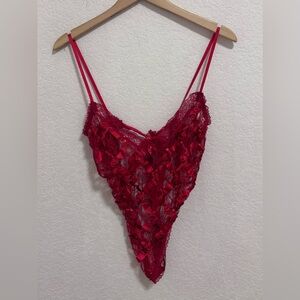 Vintage Red Sheer Lace Bodysuit Sequin Ribbon Tie Back Teddy